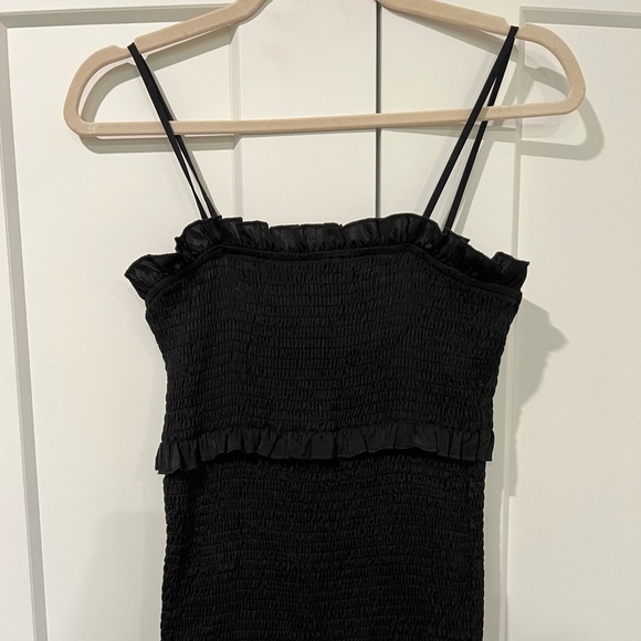 Black Satin Smocked Fitted Maternity Midi Dress - Picture 5 of 7